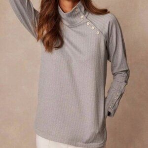 J.McLaughlin Marisa Fleece Top Gray Herringbone Jacquard XL Buttons Shawl Neck